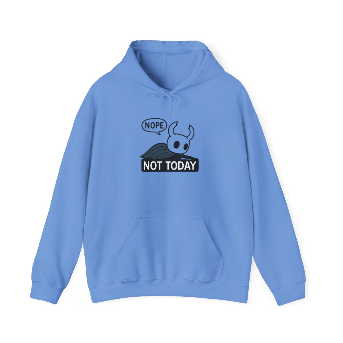 Black hooded Hoodie featuring a white graphic of a character from the video game Hollow Knight. The graphic says "NOPE" in a speech bubble above the character and "NOT TODAY" below the character - Official Hoodies merchandise