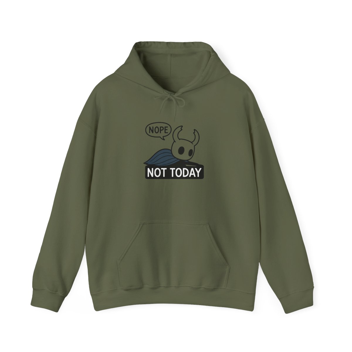 Black hooded Hoodie featuring a white graphic of a character from the video game Hollow Knight. The graphic says "NOPE" in a speech bubble above the character and "NOT TODAY" below the character - alternate angle 4, merchandise