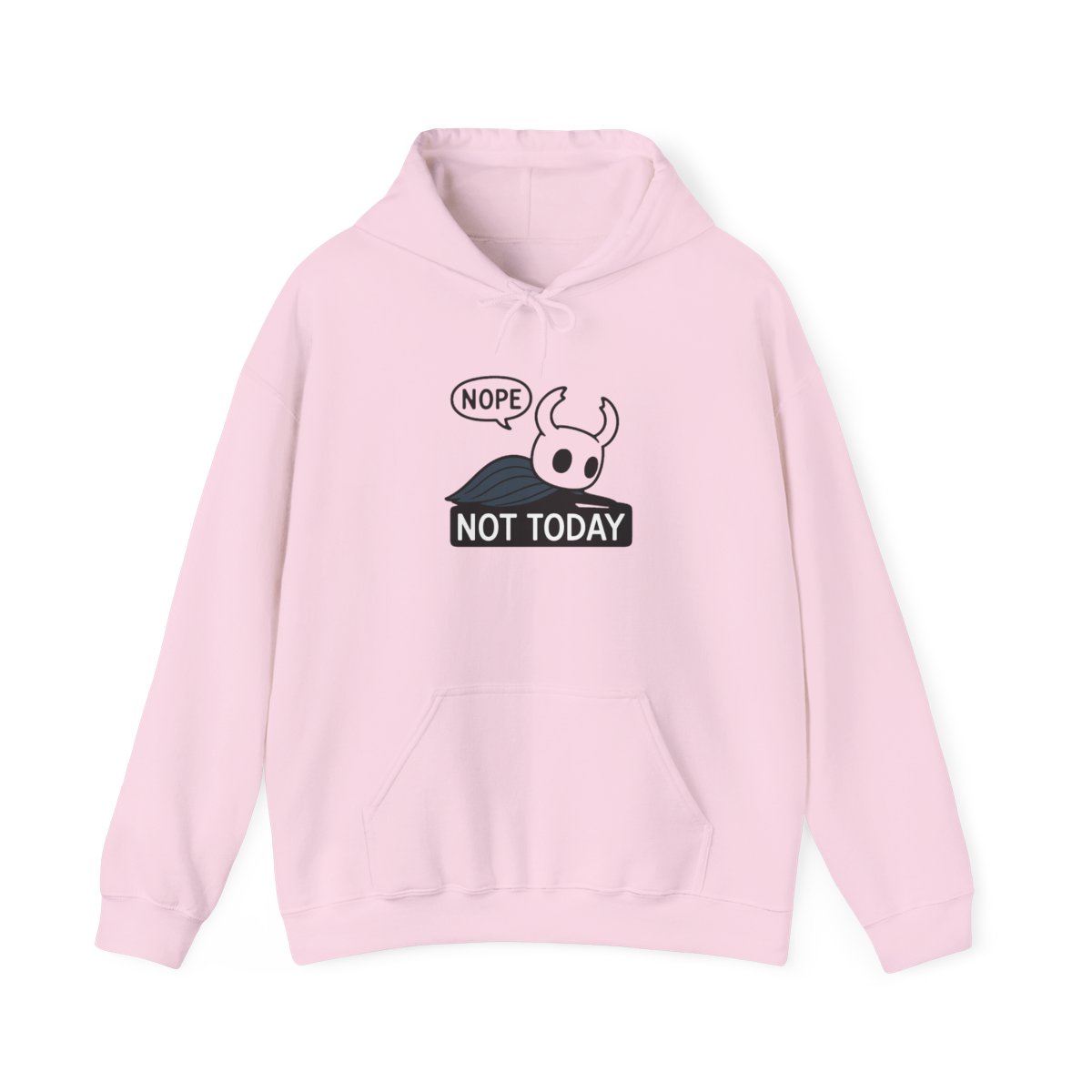 Black hooded Hoodie featuring a white graphic of a character from the video game Hollow Knight. The graphic says "NOPE" in a speech bubble above the character and "NOT TODAY" below the character - alternate angle 3, merchandise