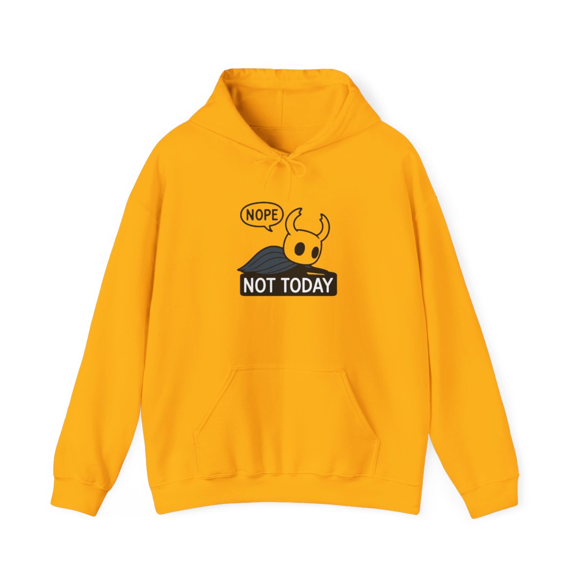 Black hooded Hoodie featuring a white graphic of a character from the video game Hollow Knight. The graphic says "NOPE" in a speech bubble above the character and "NOT TODAY" below the character - alternate angle 2, merchandise